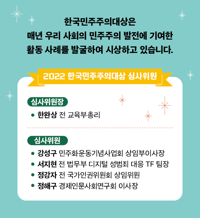 한국민주주의대상은 매년 우리 사회의 민주주의 발전에 기여한 활동 사례를 발굴하여 시상하고 있습니다.  2022 한국민주주의대상 심사위원 - 심사위원장: 한완상 (전 교육부총리) - 심사위원: 강상구 (민주화운동기념사업회 상임부이사장), 서지현 (전 법무부 디지털 성범죄 대응 TF 팀장), 정강자 (전 국가인권위원회 상임위원), 정해구 (경제인문사회연구회 이사장)