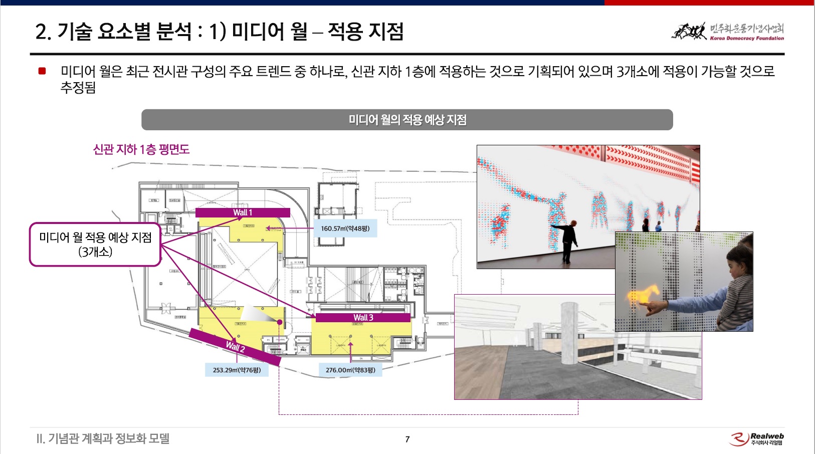 기념관 도면에 미디어월이 설치될 요소에 대한 안내가 삽입된 ppt 화면