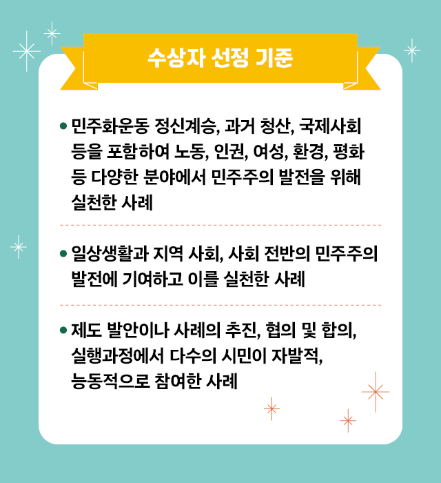 [수상자 선정기준]  - 민주화운동 정신계승, 과거 청산, 국제사회 등을 포함하여 노동, 인권, 여성, 환경, 평화 등 다양한 분야에서 민주주의 발전을 위해 실천한 사례 - 일상생활과 지역 사회,  사회 전반의 민주주의 발전에 기여하고 이를 실천한 사례 - 제도 발안이나 사례의 추진, 협의 및 합의, 실행과정에서 다수의 시민이 자발적, 능동적으로 참여한 사례